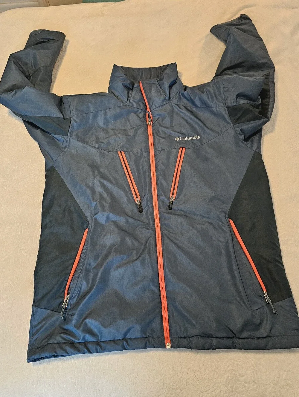 Columbia Mens Full Zip Insulated Coat Blue Orange Size L No Hood Warm Euc
